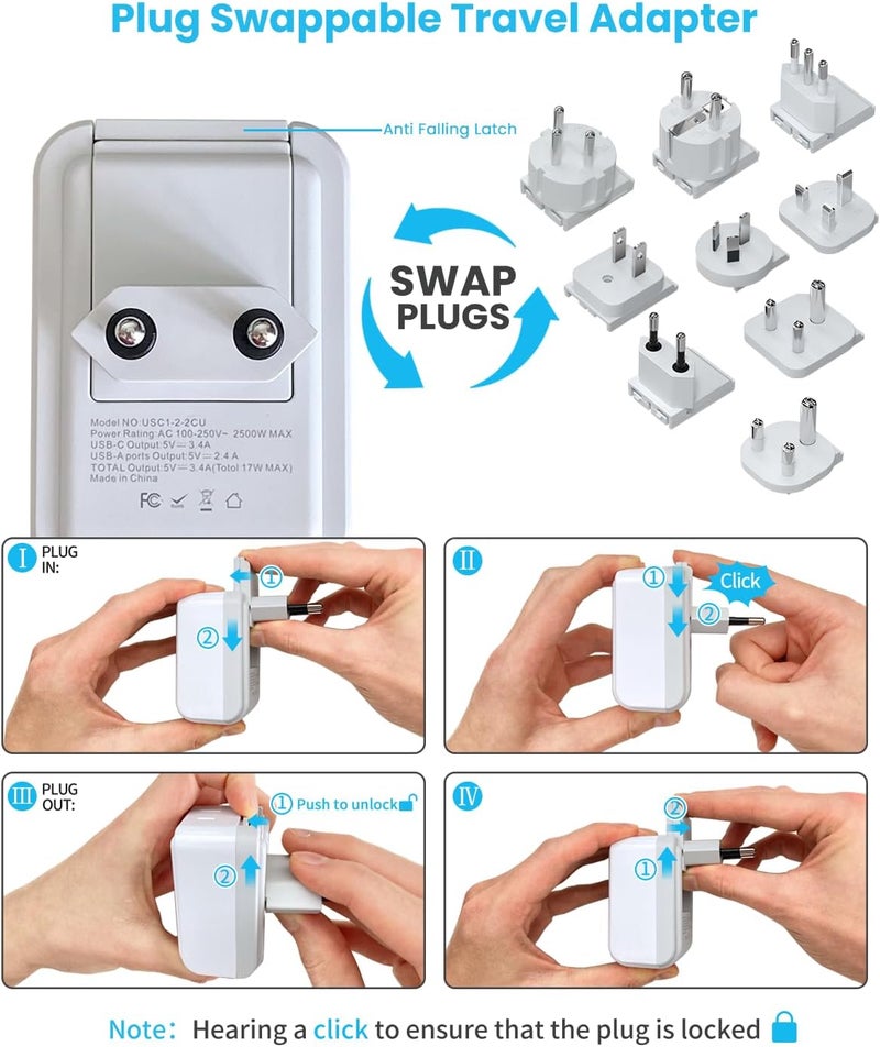 VINTAR Universal Travel Adapter Kit, International Power Adapter with 3 USB Ports (2 USB C, 3.4A) and 2 AC, Type A,C,D,E/F,G,H,I,L,M Detachable Attachments, Adapter for India/Africa/EU/UK//AU/JP/US - Image 5